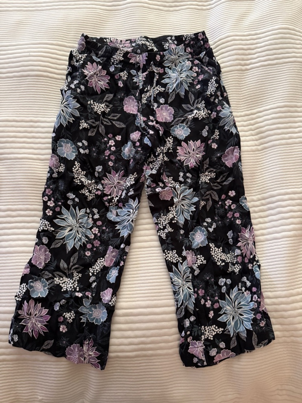 LOFT Boho Petite Black Floral Wide-Leg Pants with Lavender & Powder Blue Accents